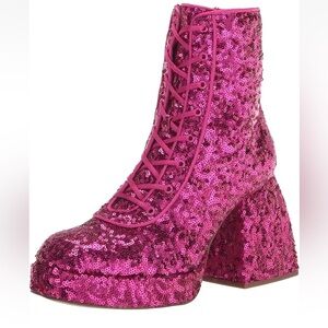 Circus by Sam Edelman Kia Sequin Lace-Up Ankle Boots - booties Pink chunky heel